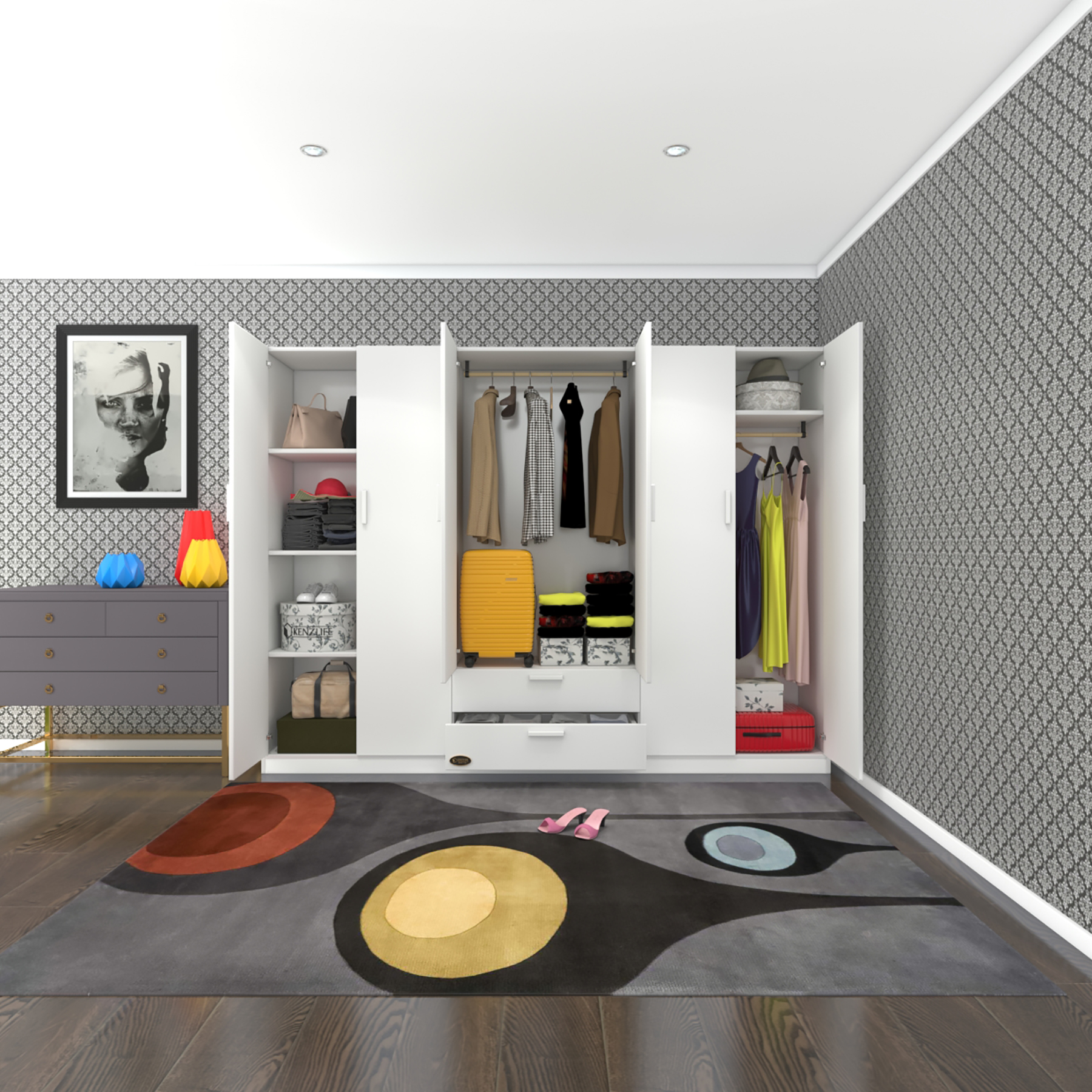 Kenzlife gardırop 6 kapılı çekmeceli begonvil240 byz kapaklı gardolap dolap