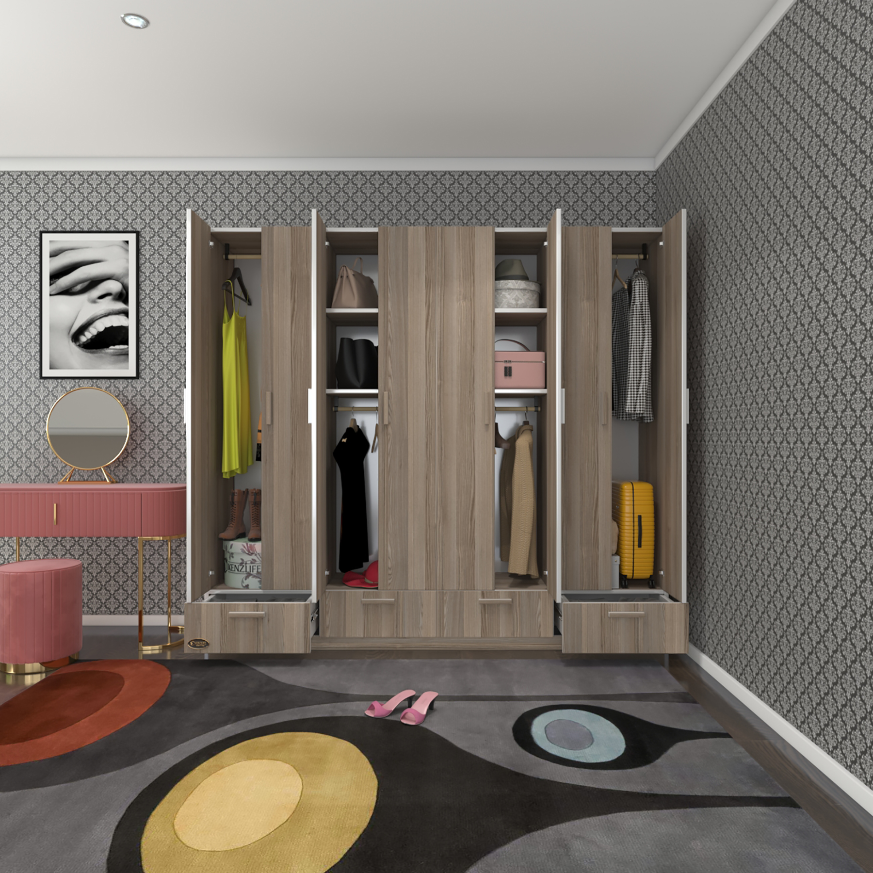 Kenzlife gardırop 8 kapılı 4 çekmeceli zambak 182*200*42 crd kapaklı gardolap dolap