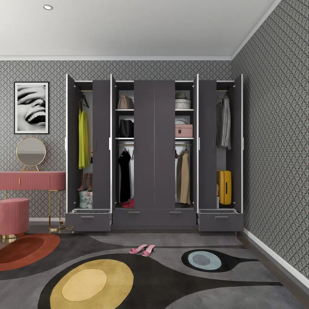 Kenzlife gardırop 8 kapılı 4 çekmeceli zambak 182*200*42 gri kapaklı gardolap dolap