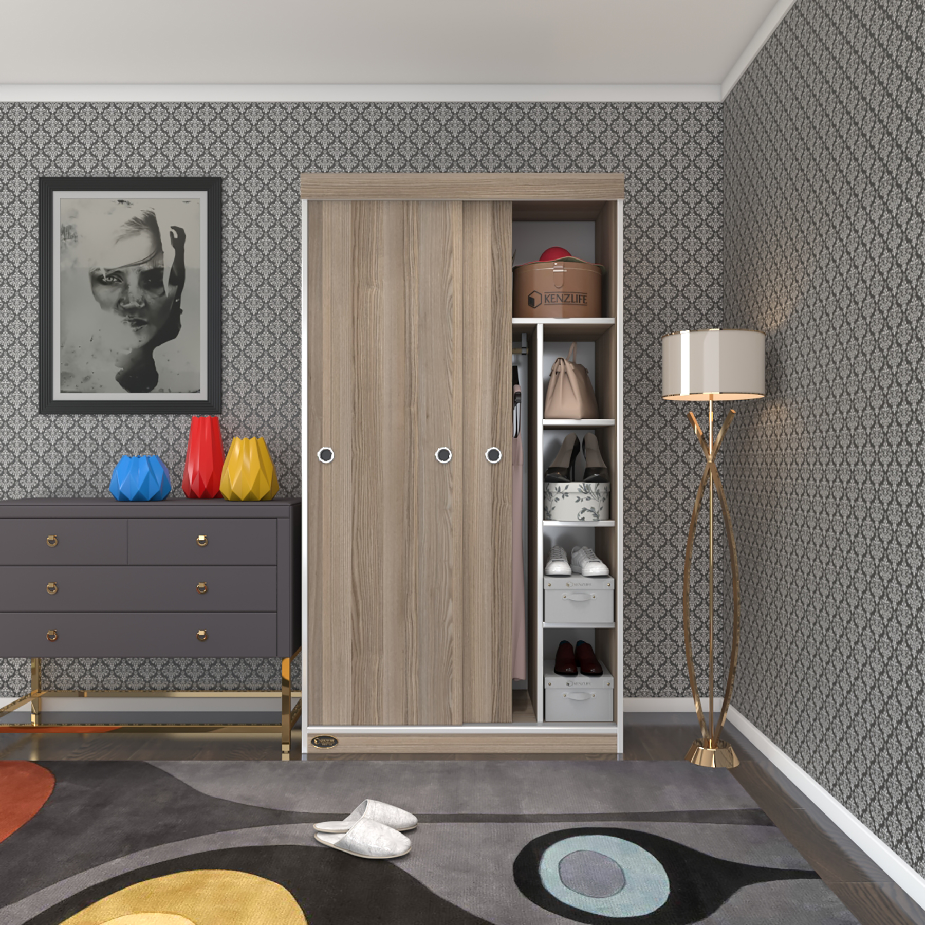 Kenzlife gardırop sürgülü kapaklı kapılı 100 papatya crd gardolap dolap