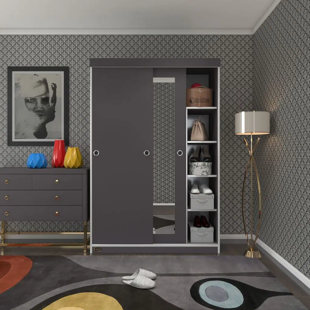 Kenzlife gardırop sürgülü kapaklı kapılı 120 papatya gri aynalı gardolap dolap