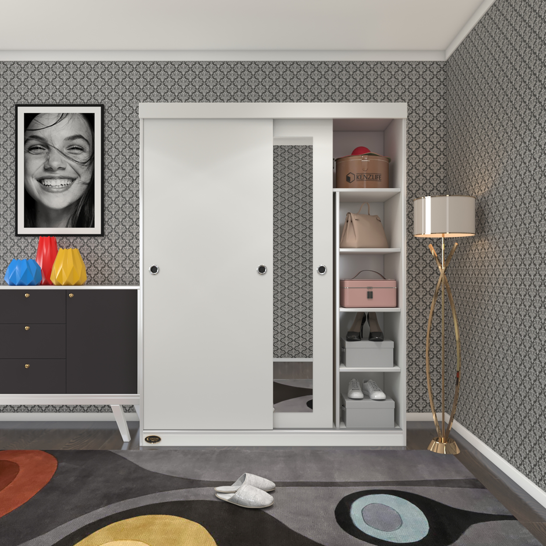 Kenzlife gardırop sürgülü kapaklı kapılı 140 papatya byz aynalı gardolap dolap