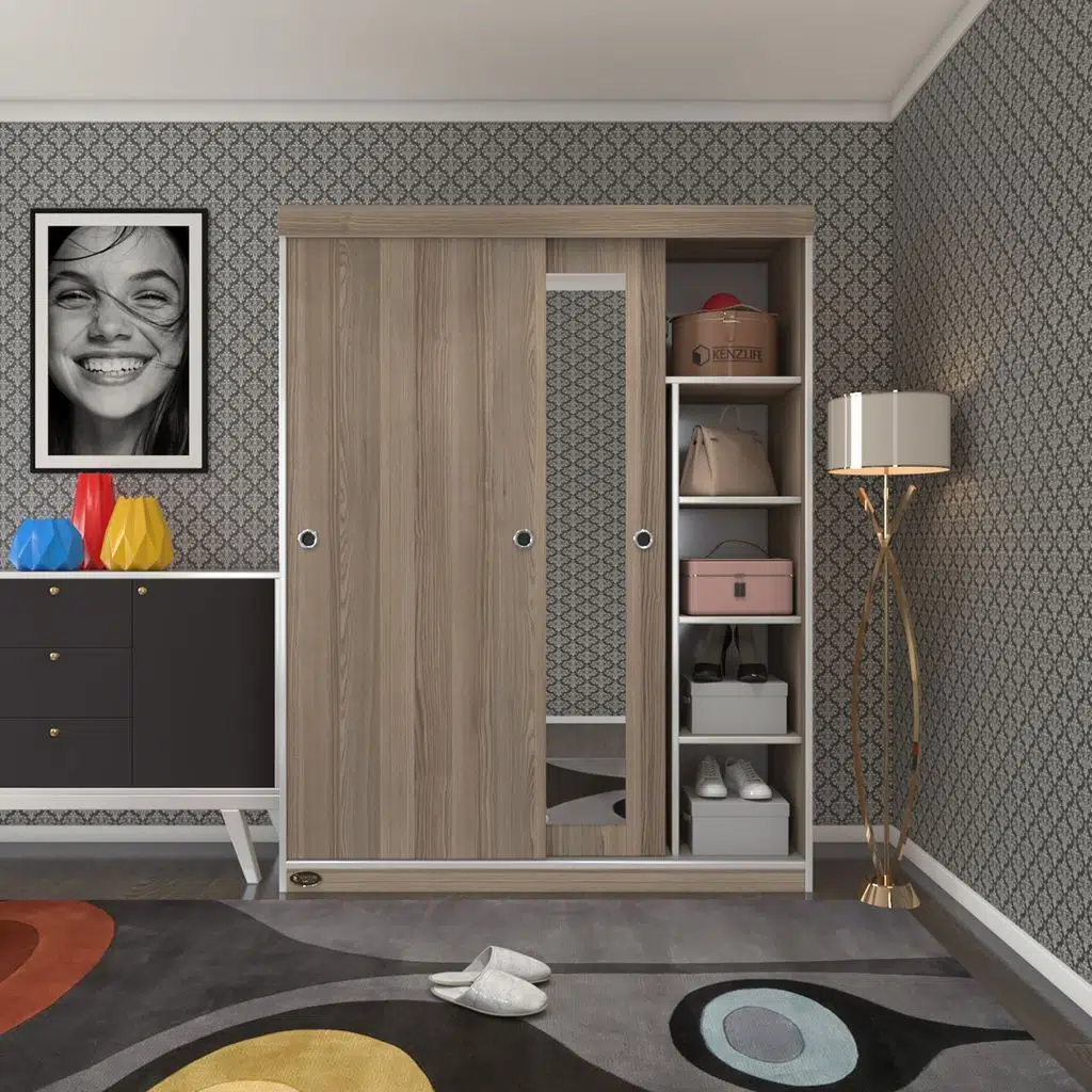 Kenzlife gardırop sürgülü kapaklı kapılı 140 papatya crd aynalı gardolap dolap