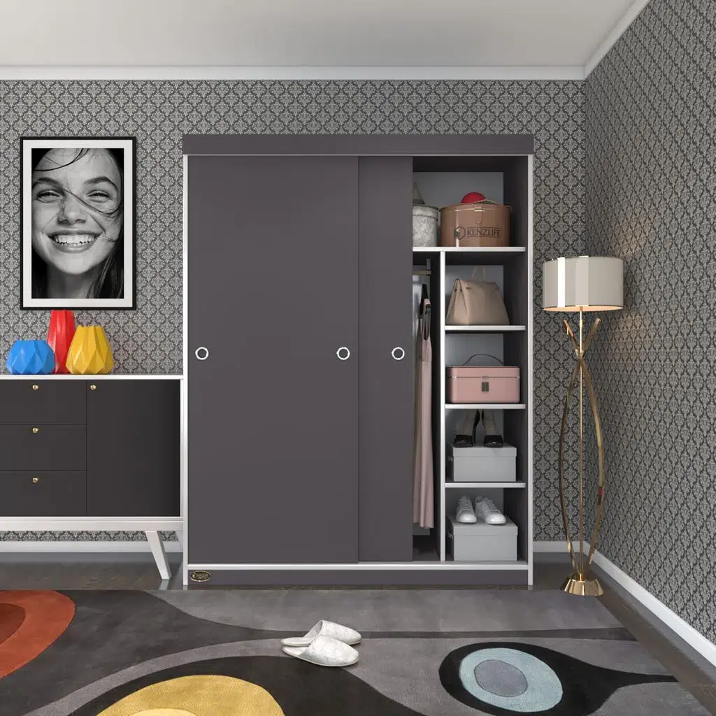 Kenzlife gardırop sürgülü kapaklı kapılı 140 papatya gri gardolap dolap