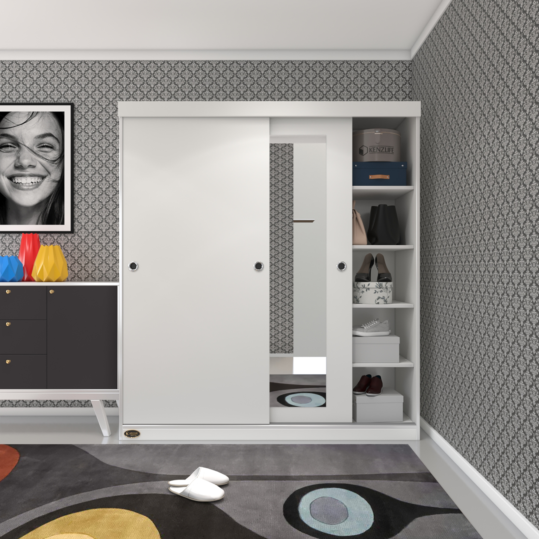 Kenzlife gardırop sürgülü kapaklı kapılı 160 papatya byz aynalı gardolap dolap