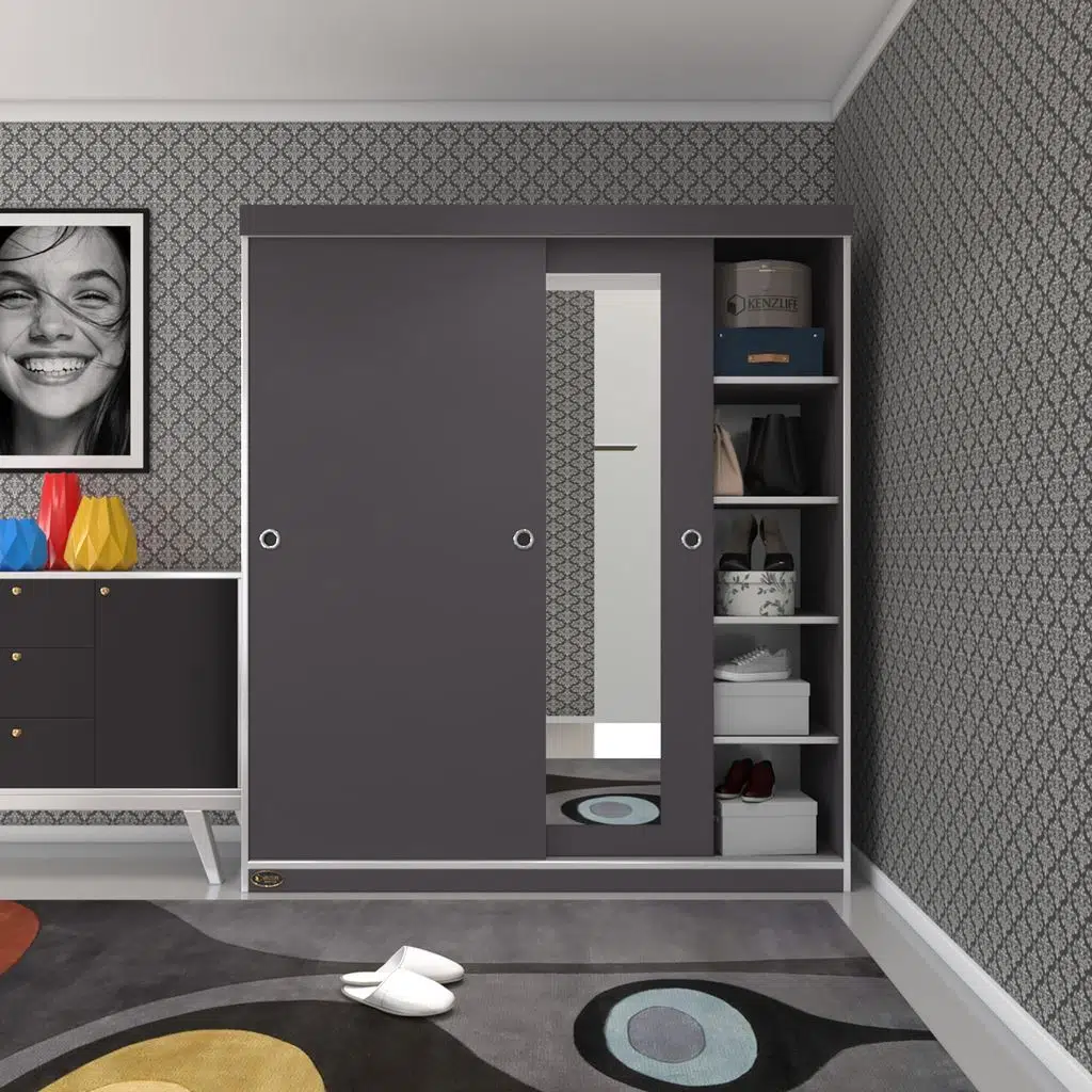 Kenzlife gardırop sürgülü kapaklı kapılı 160 papatya gri aynalı gardolap dolap