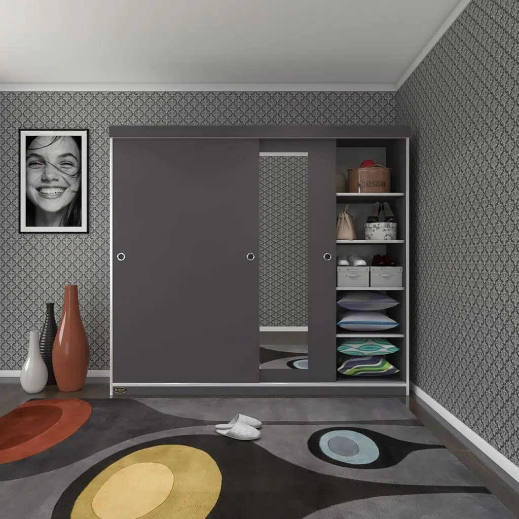 Kenzlife gardırop sürgülü kapaklı kapılı 200 papatya gri aynalı gardolap dolap