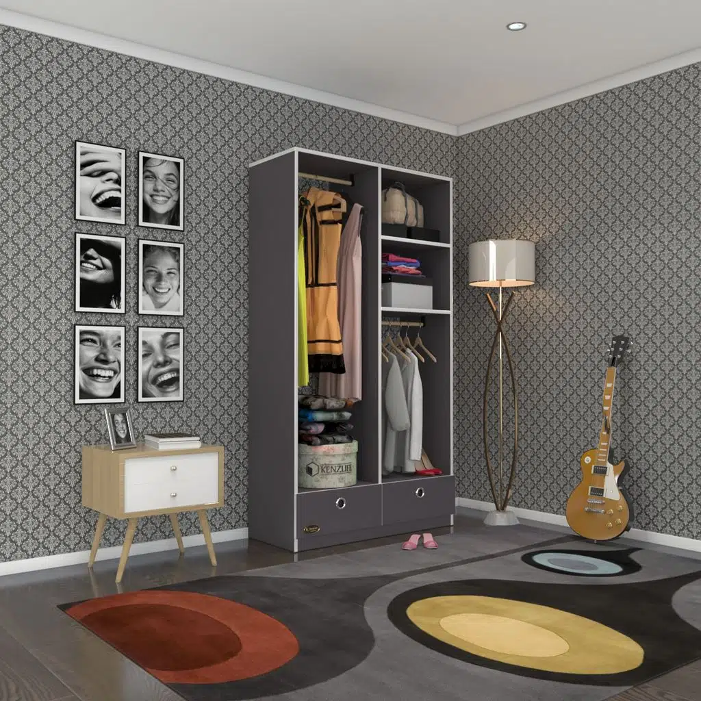 Kenzlife giysi dolabı 2 bölmeli 2 çekmeceli bedri 182*100*42 gri dolap kapaksız
