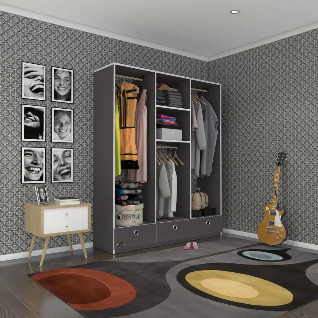 Kenzlife giysi dolabı 3 bölmeli 3 çekmeceli hamit150 gri dolap kapaksız