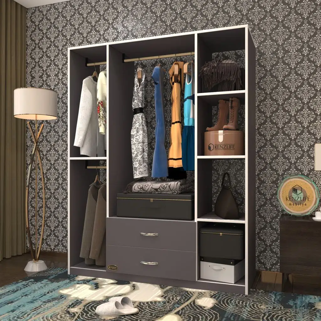 Kenzlife giysi dolabı orhan 175*120*40 gri gardırop 2 çekmeceli