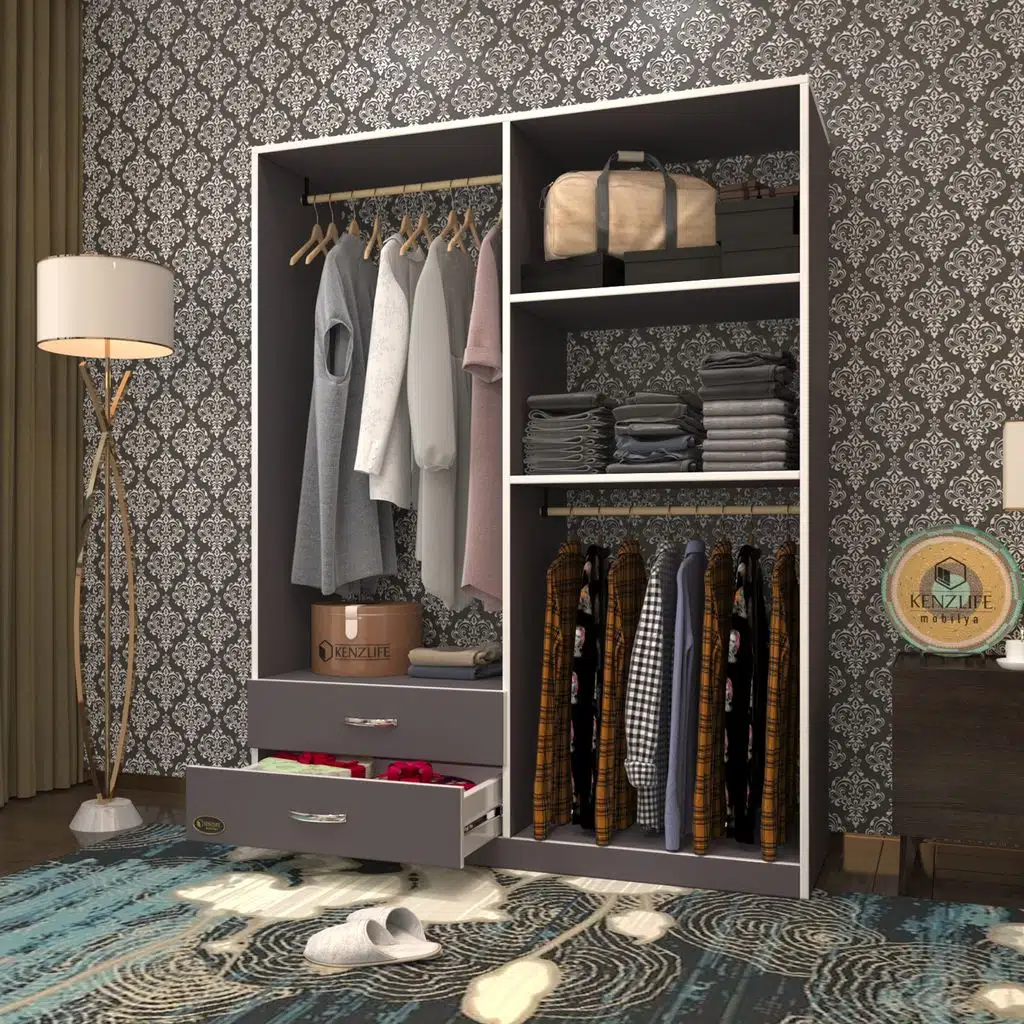 Kenzlife giysi dolabı şemsettin 175*120*40 gri gardırop 2 çekmeceli