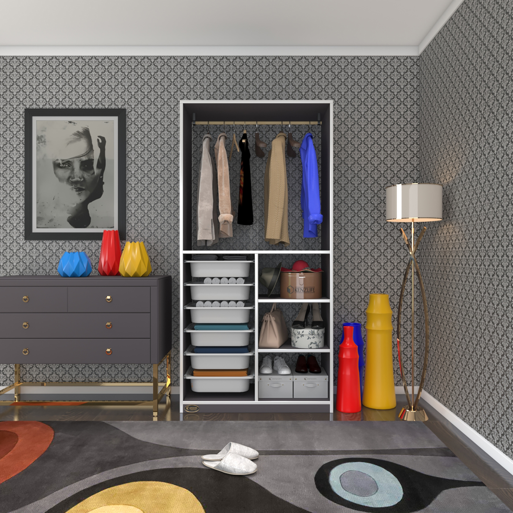 Kenzlife giysi dolabı yalın gri 180*090*30 kapaksız arkalıksız 6 sepetli