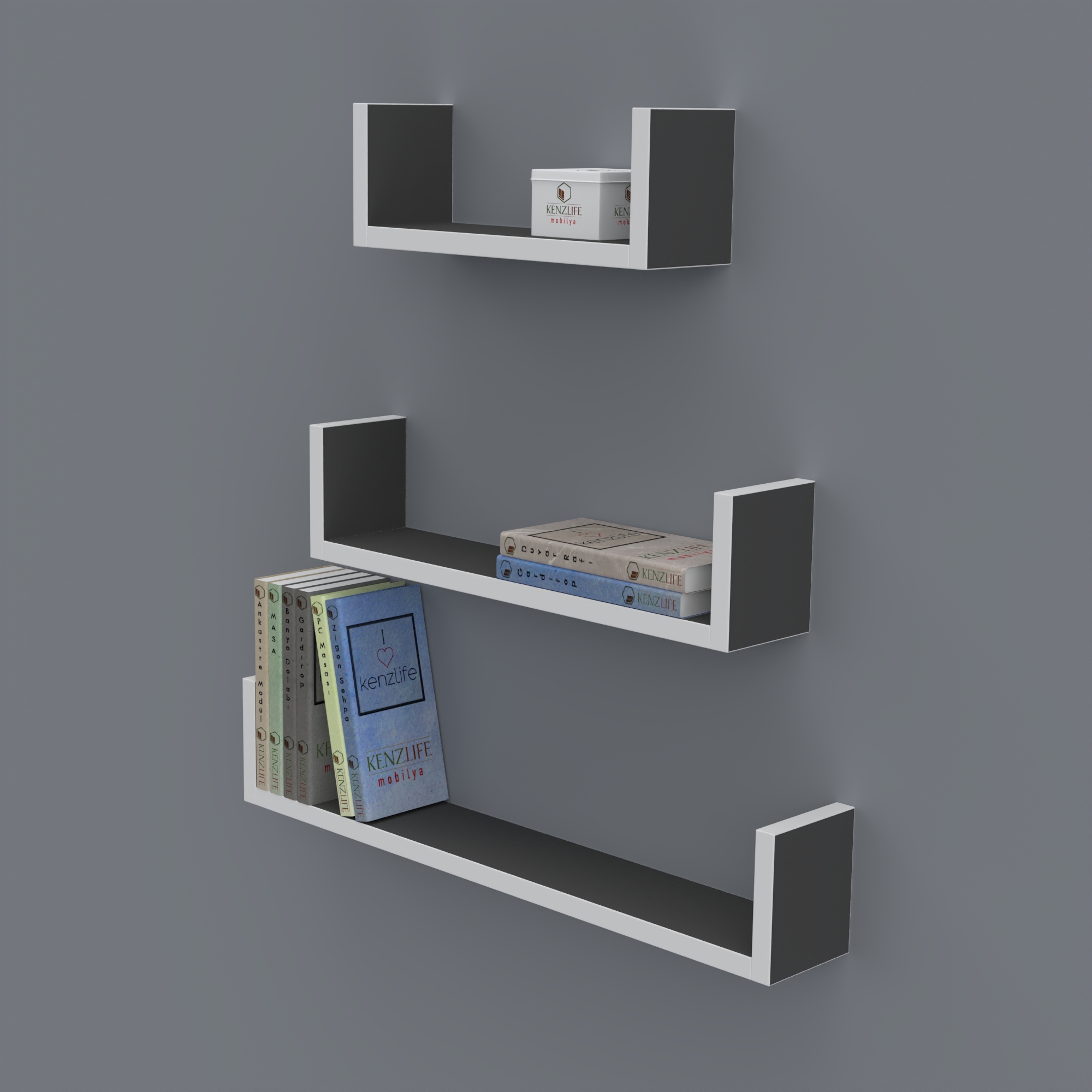 Kenzlife kitaplık müjgan 012*060-045-030*20 gri duvar rafı 