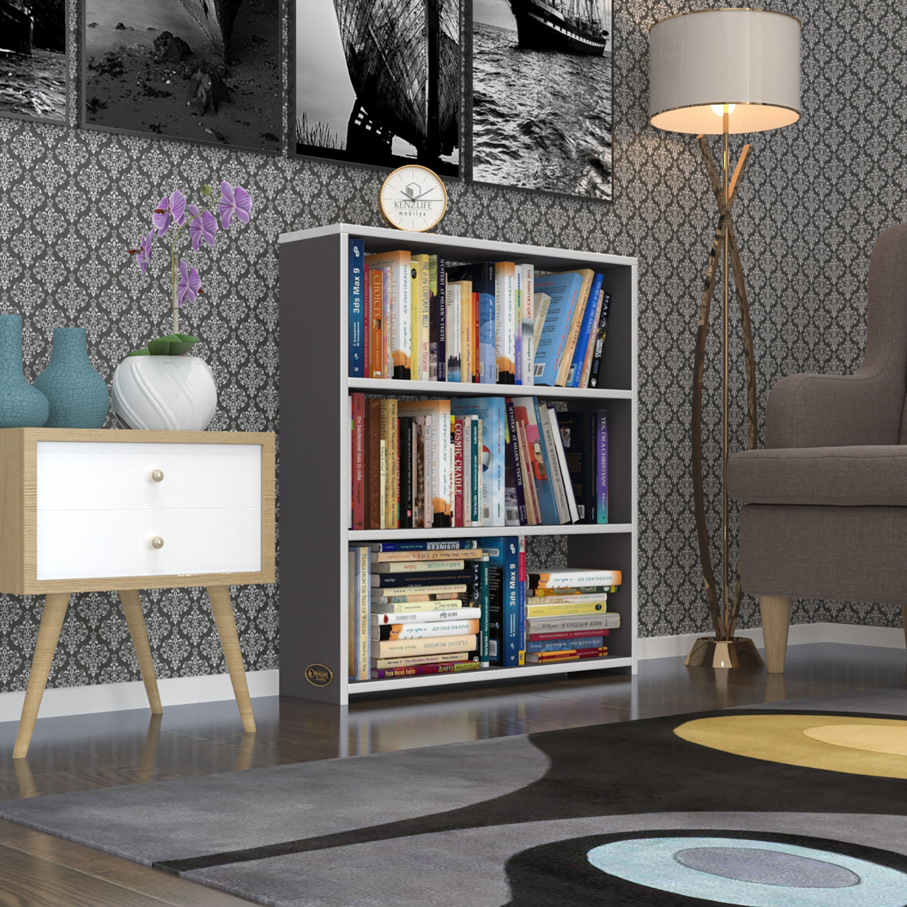 Kenzlife kitaplık süper ga 090*80*19 gri 3 katlı tek bölme ofis mutfak banyo dolabı arkalıksız