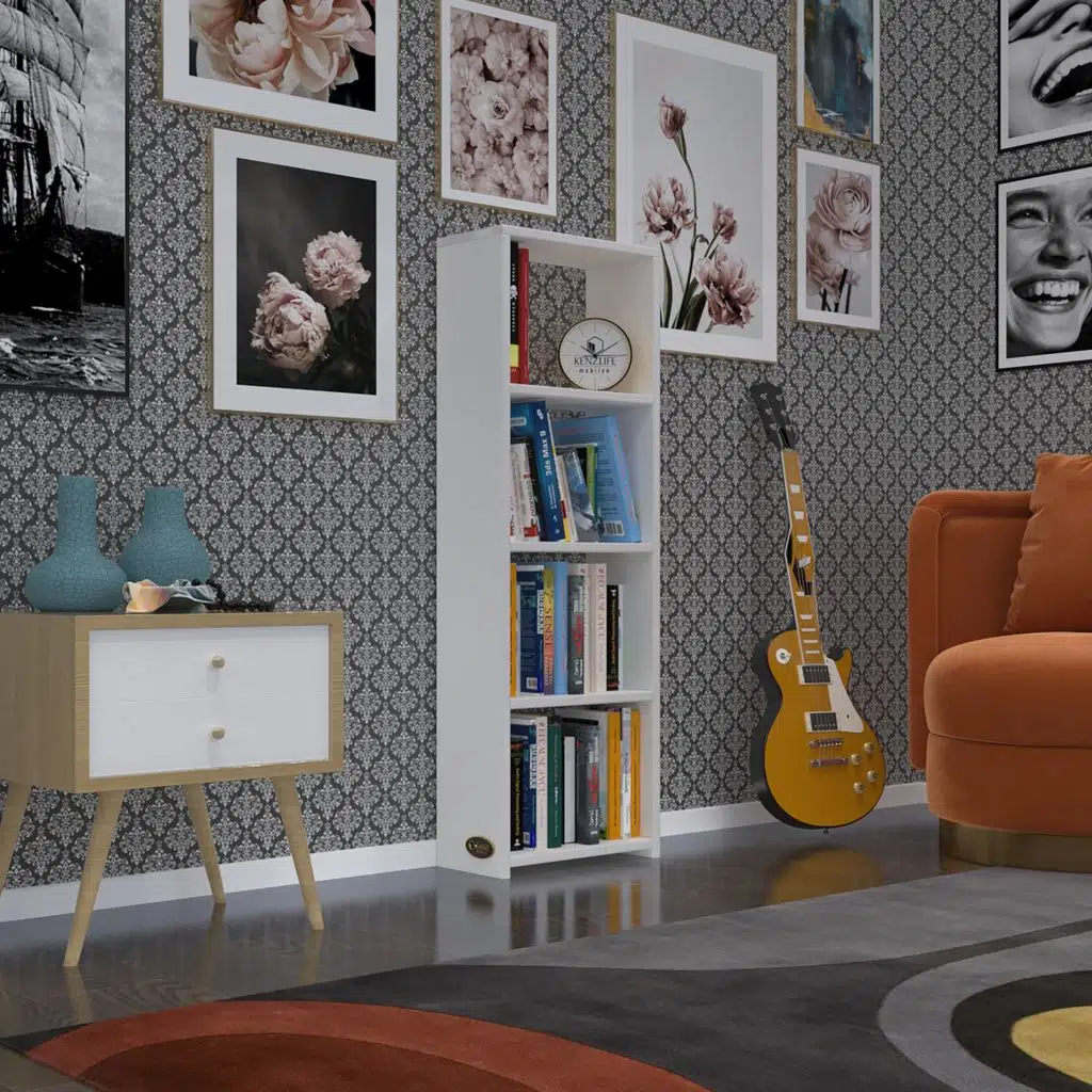 Kenzlife kitaplık süper ga 120*40*19 byz 4 katlı tek bölme ofis mutfak banyo dolabı arkalıksız