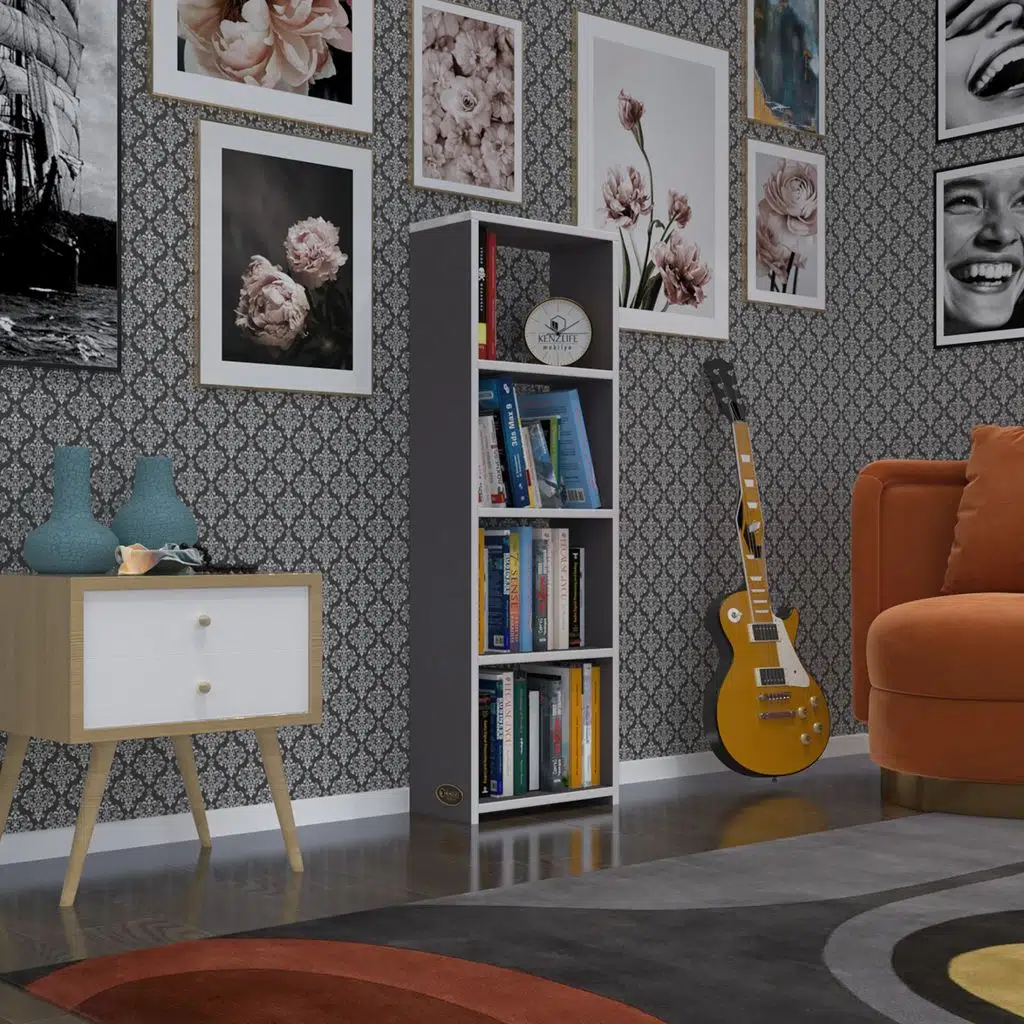 Kenzlife kitaplık süper ga 120*40*19 gri 4 katlı tek bölme ofis mutfak banyo dolabı arkalıksız