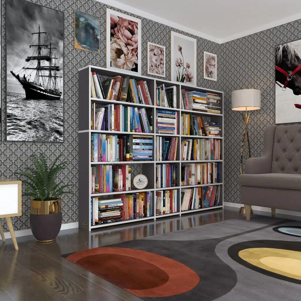 Kenzlife kitaplık süper ga 150*200*19 gri 5 katlı 3 bölme çift bölme opsiyonlu ofis mutfak banyo dolabı arkalıksız