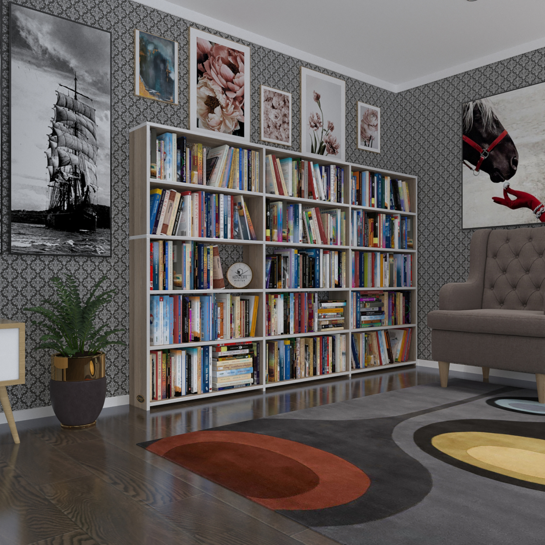 Kenzlife kitaplık süper ga 150*240*19 crd 5 katlı 3 bölme çift bölme opsiyonlu ofis mutfak banyo dolabı arkalıksız