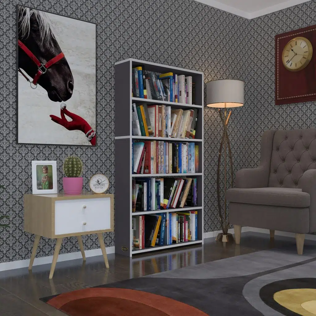 Kenzlife kitaplık süper ga 150*80*19 gri 5 katlı tek bölme çift bölme opsiyonlu ofis mutfak banyo dolabı arkalıksız