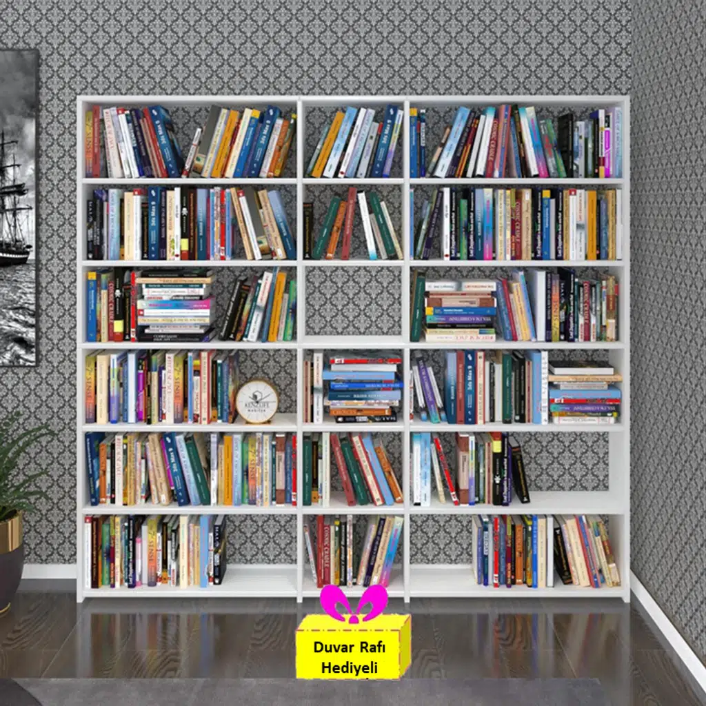 Kenzlife kitaplık süper ga 180*200*19 byz 6 katlı 3 bölme çift bölme opsiyonlu ofis mutfak banyo dolabı arkalıksız+Tekli Duvar Rafı Hediye