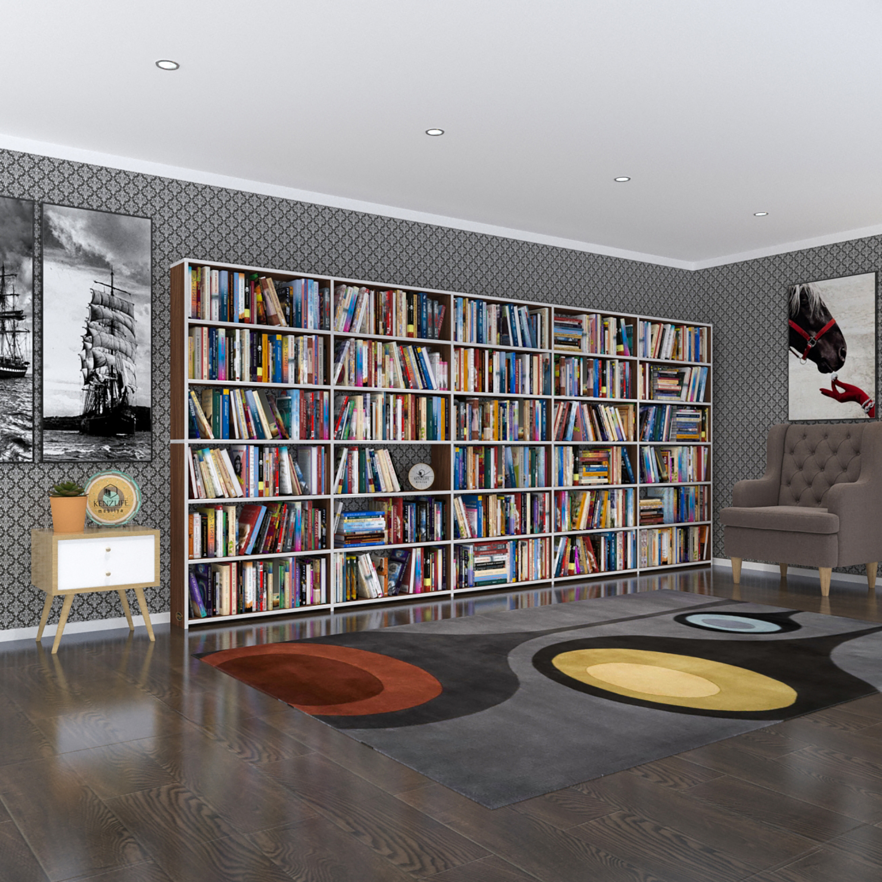 Kenzlife kitaplık süper ga cvz 180*400*19 6 katlı 5 bölme çift bölme opsiyonlu ofis mutfak banyo dolabı arkalıksız