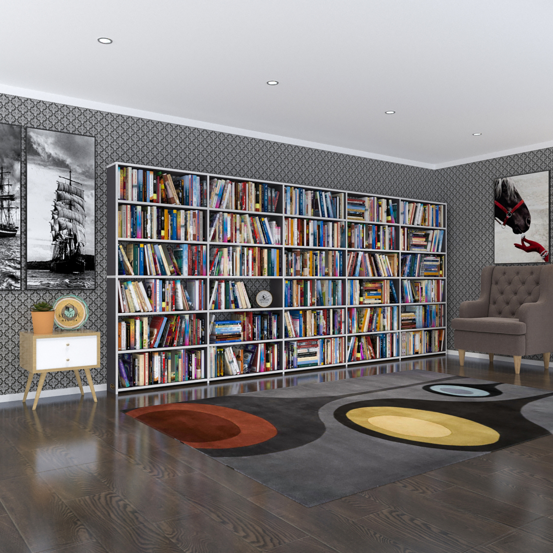 Kenzlife kitaplık süper ga gri 180*400*19 6 katlı 5 bölme çift bölme opsiyonlu ofis mutfak banyo dolabı arkalıksız