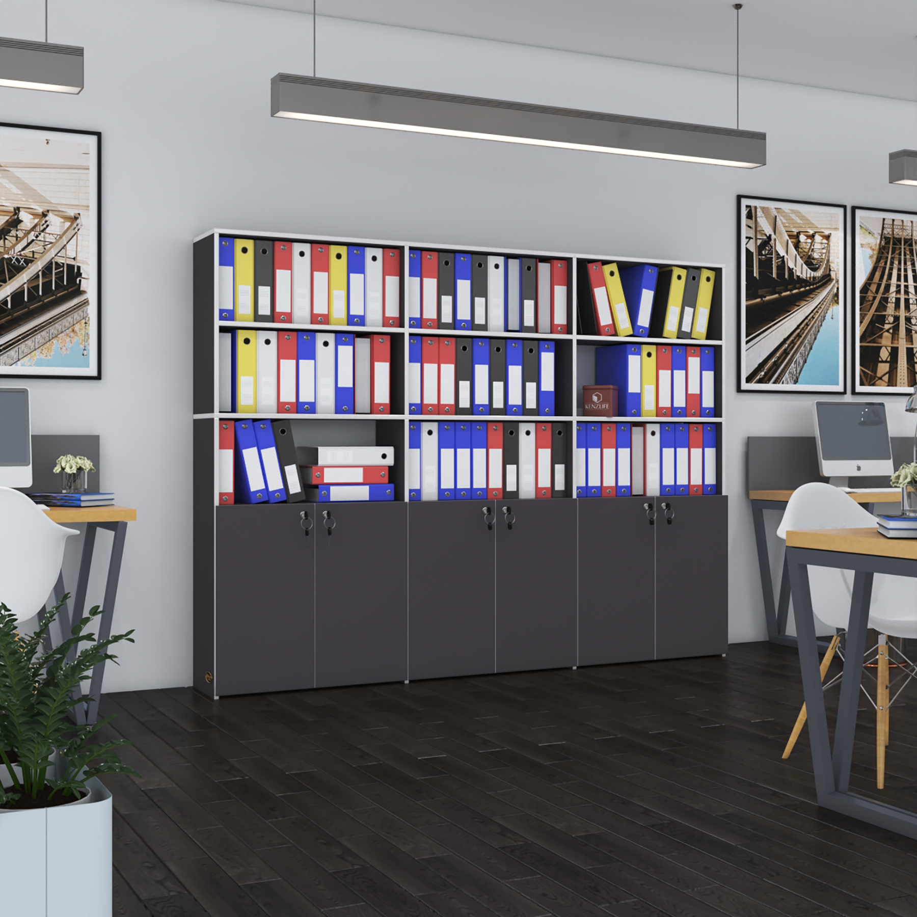 Kenzlife klasör dolabı kilitli kutalmış gri 175*240*30 klasörlük kitaplık ofis arkalıksız