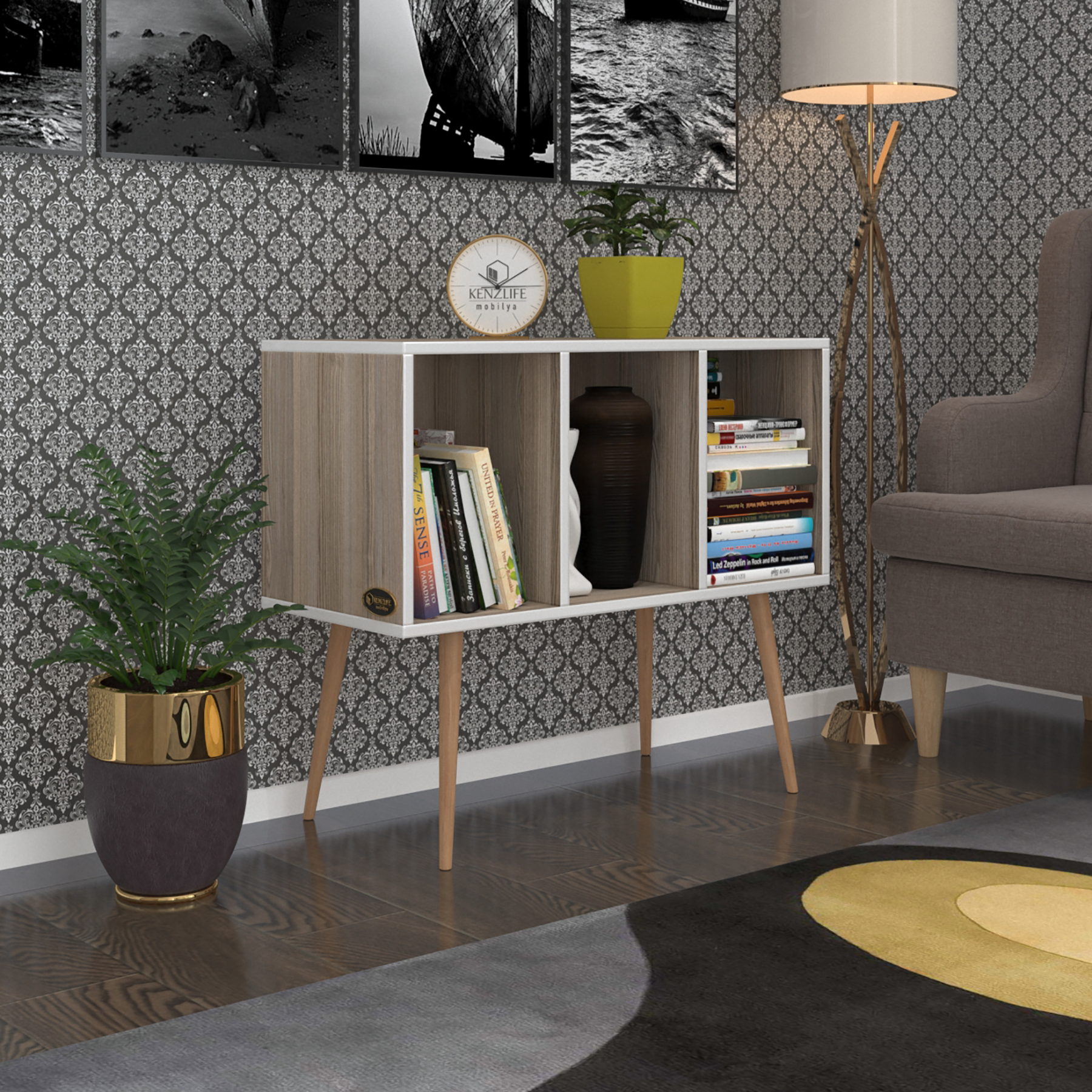 Kenzlife komodin adberilgen crd 74*90*39 ahşap ayaklı komidin kitaplık