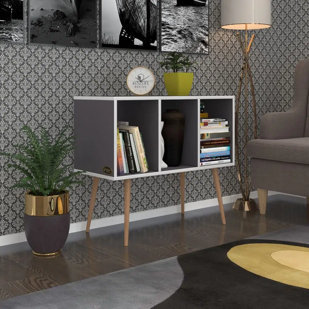 Kenzlife komodin adberilgen gri 74*90*39 ahşap ayaklı komidin kitaplık