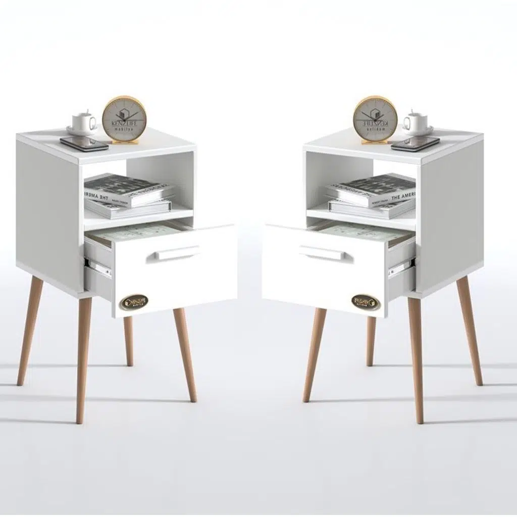 Kenzlife komodin budurgan byz 2 li set 74*39*39 ahşap ayaklı raflı çekmeceli komidin kitaplık