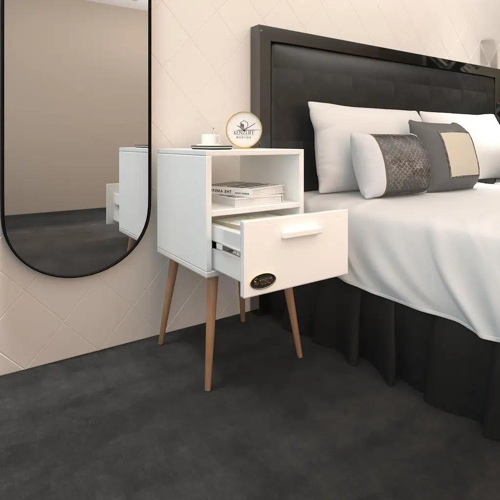 Kenzlife komodin budurgan byz 74*39*39 ahşap ayaklı raflı çekmeceli komidin kitaplık