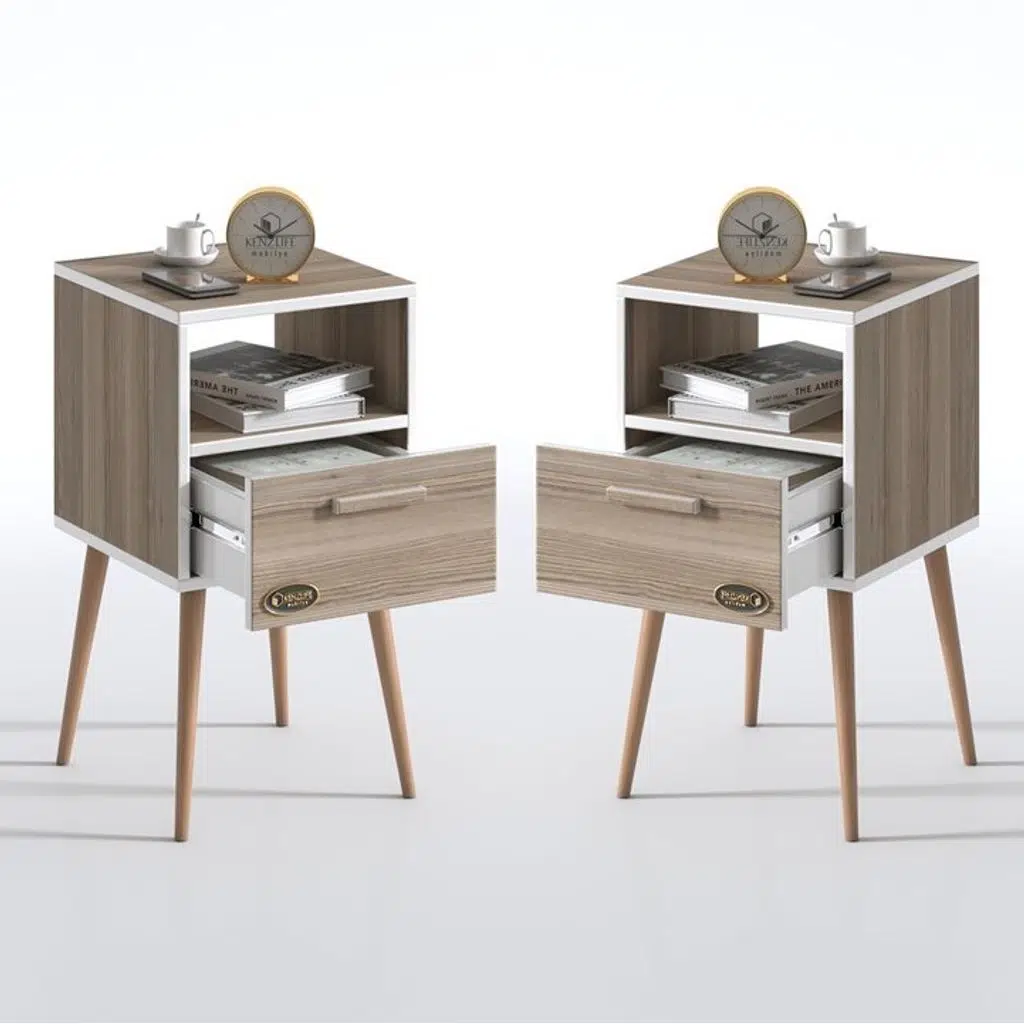 Kenzlife komodin budurgan crd 2 li set 74*39*39 ahşap ayaklı raflı çekmeceli komidin kitaplık