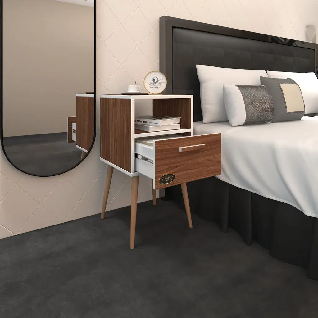 Kenzlife komodin budurgan cvz 74*39*39 ahşap ayaklı raflı çekmeceli komidin kitaplık