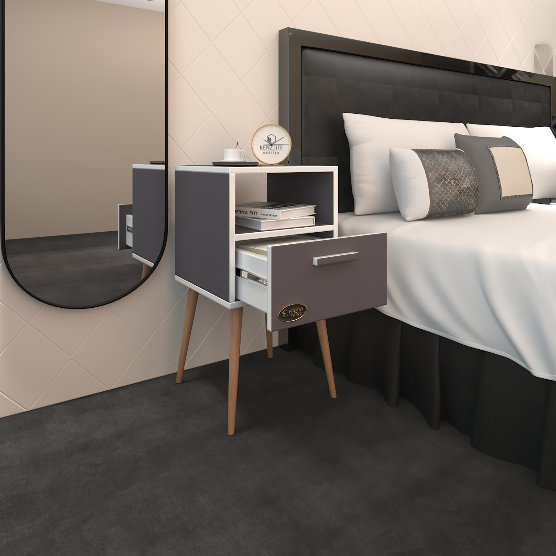 Kenzlife komodin budurgan gri 74*39*39 ahşap ayaklı raflı çekmeceli komidin kitaplık