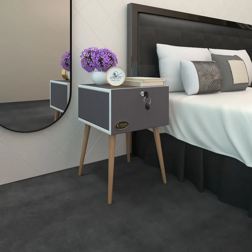 Kenzlife komodin çıntay gri 57*39*39 çekmeceli kilitli ahşap ayaklı komidin