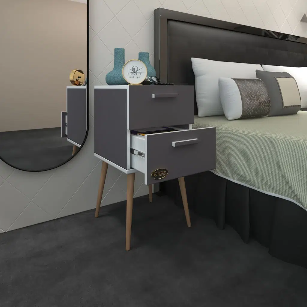 Kenzlife komodin donatur gri 74*39*39 çift çekmeceli ahşap ayaklı komidin