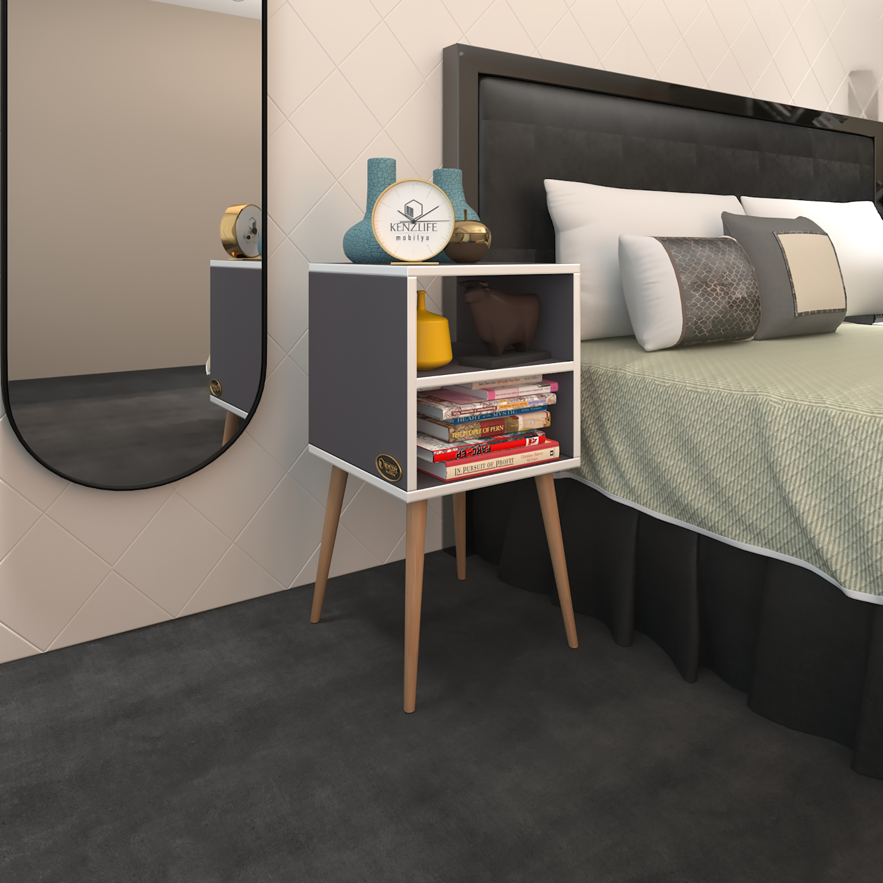 Kenzlife komodin erkeli gri 74*39*39 ahşap ayaklı komidin kitaplık