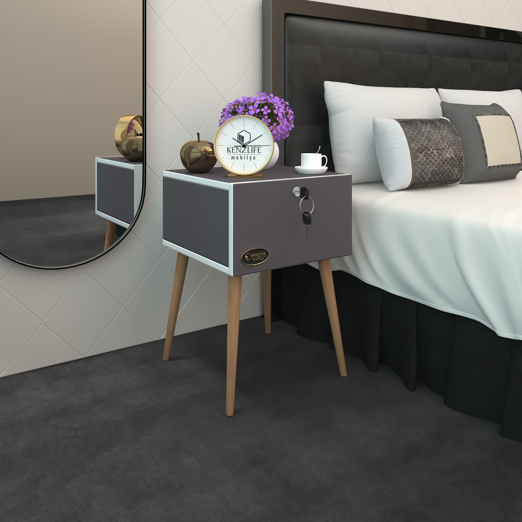 Kenzlife komodin kazuki gri 60*39*39 komidin ahşap ayaklı kitaplık ayakkabılık kapaklı arkalıklı
