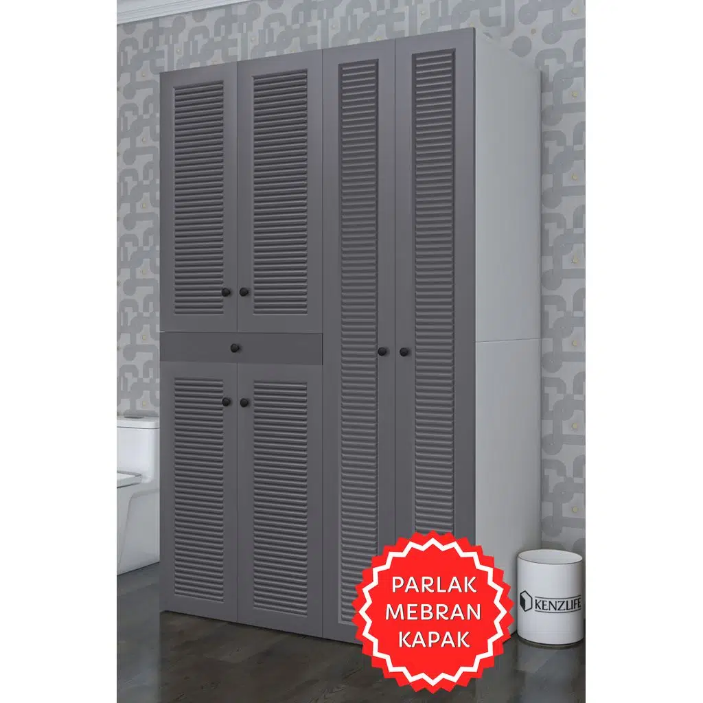 Kenzlife membran çamaşır-kurutma makinesi dolabı şahrur sağ gribyz 187*120*60 çekmeceli mebran kapak MDF gövde banyo