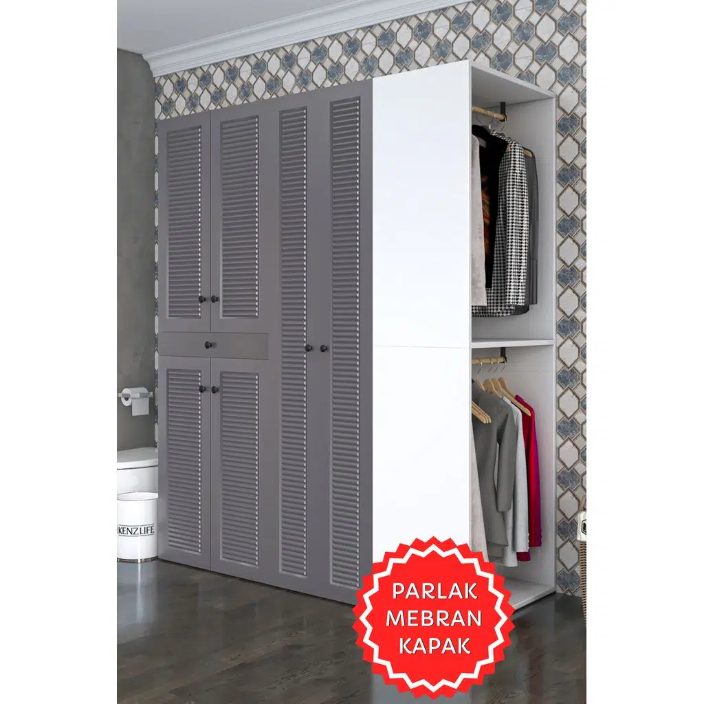 Kenzlife membran çamaşır-kurutma makinesi dolabı ve giysi dolabı çekmeceli eşari sağ gribyz 187*160*60 mebran kapak suntalam gövde