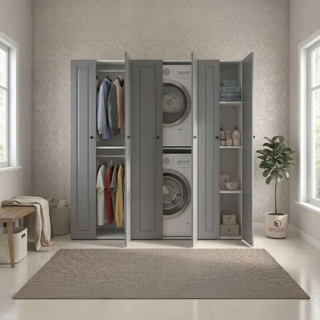 Kenzlife membran çamaşır-kurutma makinesi dolabı ve giysi dolabı suyuti sağ gribyz çerçeve 180*170*60 mebran kapak MDF gövde banyo