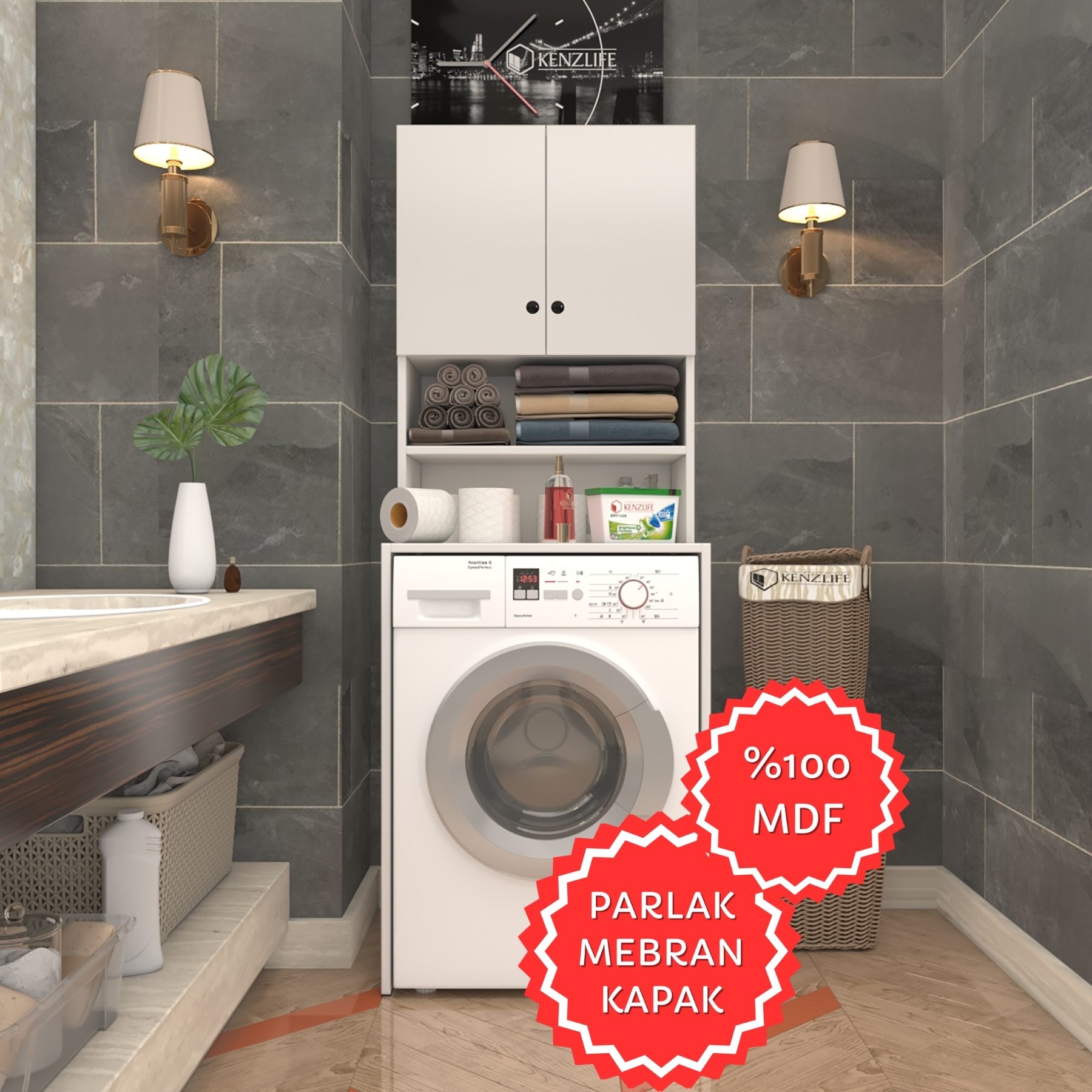 Kenzlife membran çamaşır makinesi dolabı hayzum byzbyz düz 180*66*55 mebran kapak MDF gövde