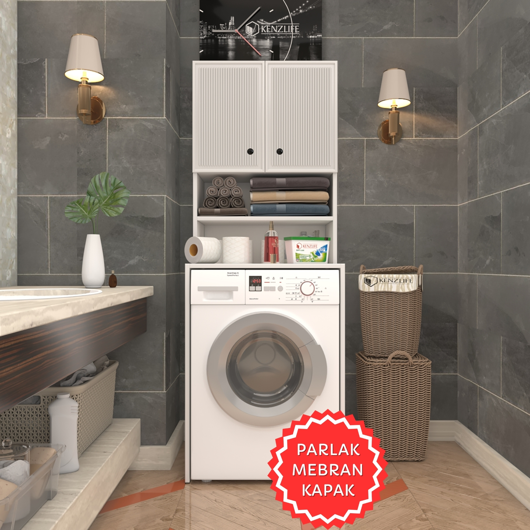 Kenzlife membran çamaşır makinesi dolabı hayzum byzbyz inceince 180*66*55 mebran kapak suntalam gövde