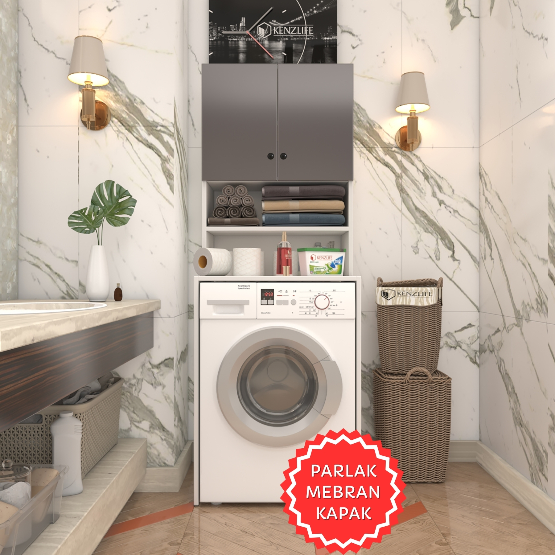 Kenzlife membran çamaşır makinesi dolabı hayzum gribyz düz 180*66*55 mebran kapak suntalam gövde