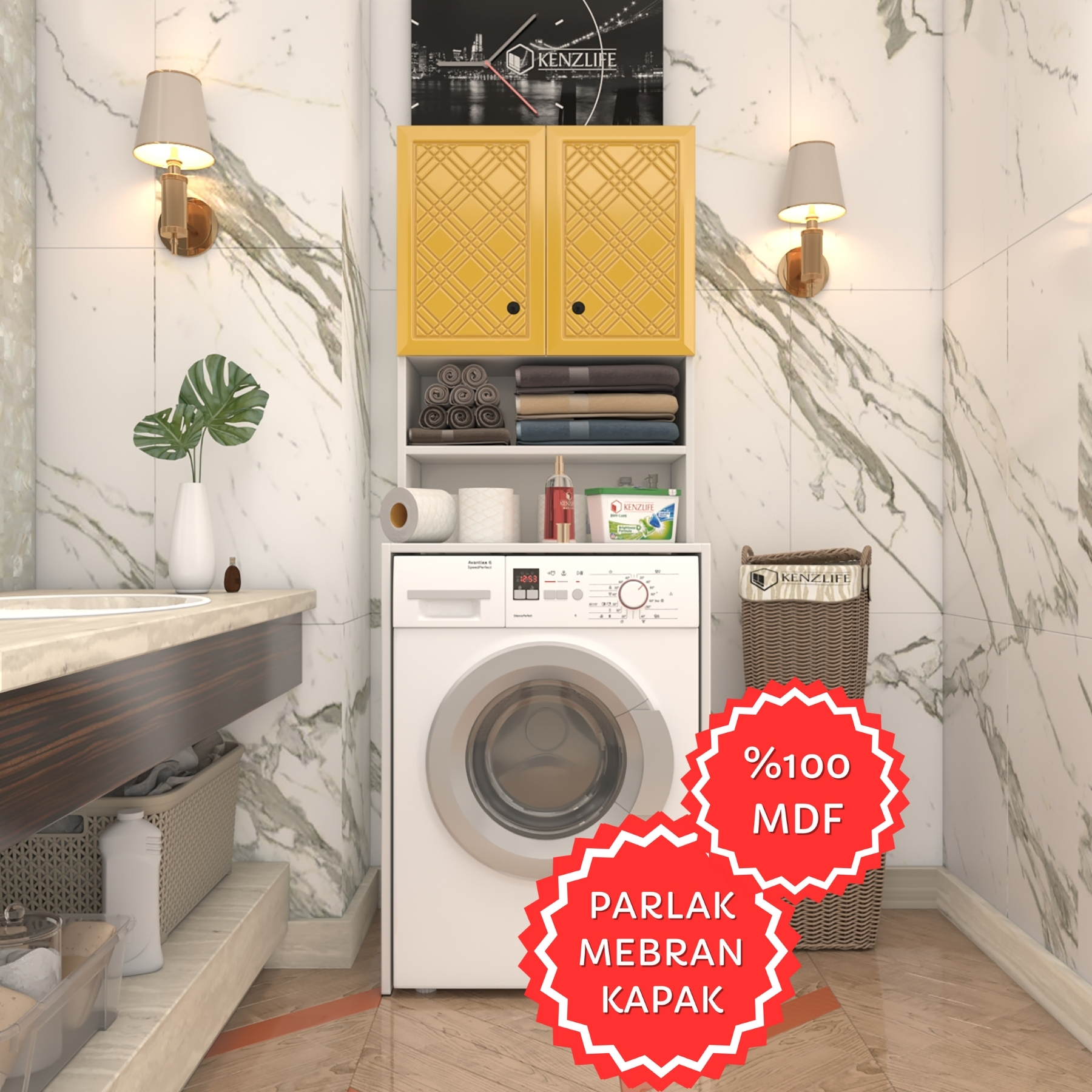 Kenzlife membran çamaşır makinesi dolabı hayzum hrdbyz hasır 180*66*55 mebran kapak MDF gövde