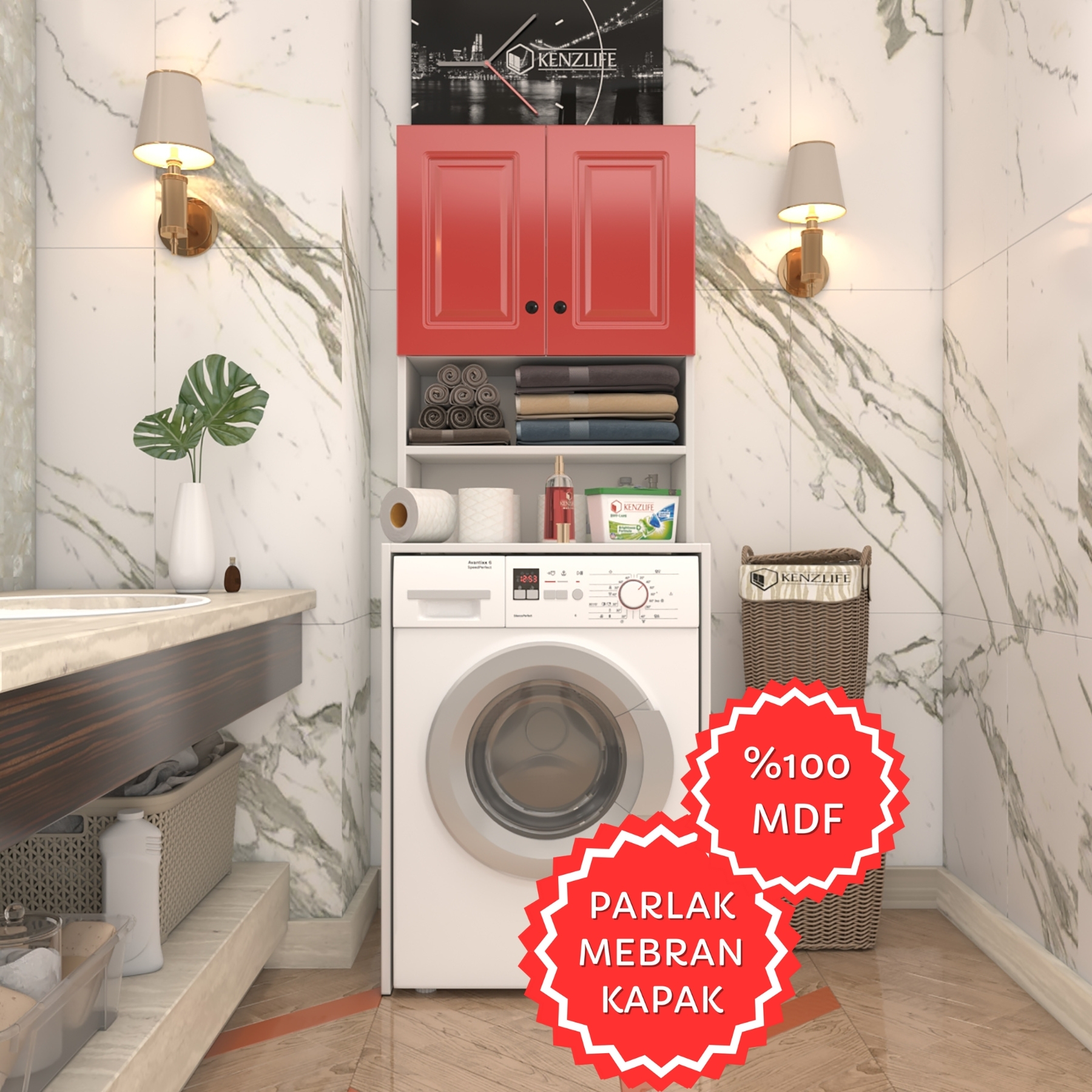 Kenzlife membran çamaşır makinesi dolabı hayzum krmbyz çerçeve 180*66*55 mebran kapak MDF gövde