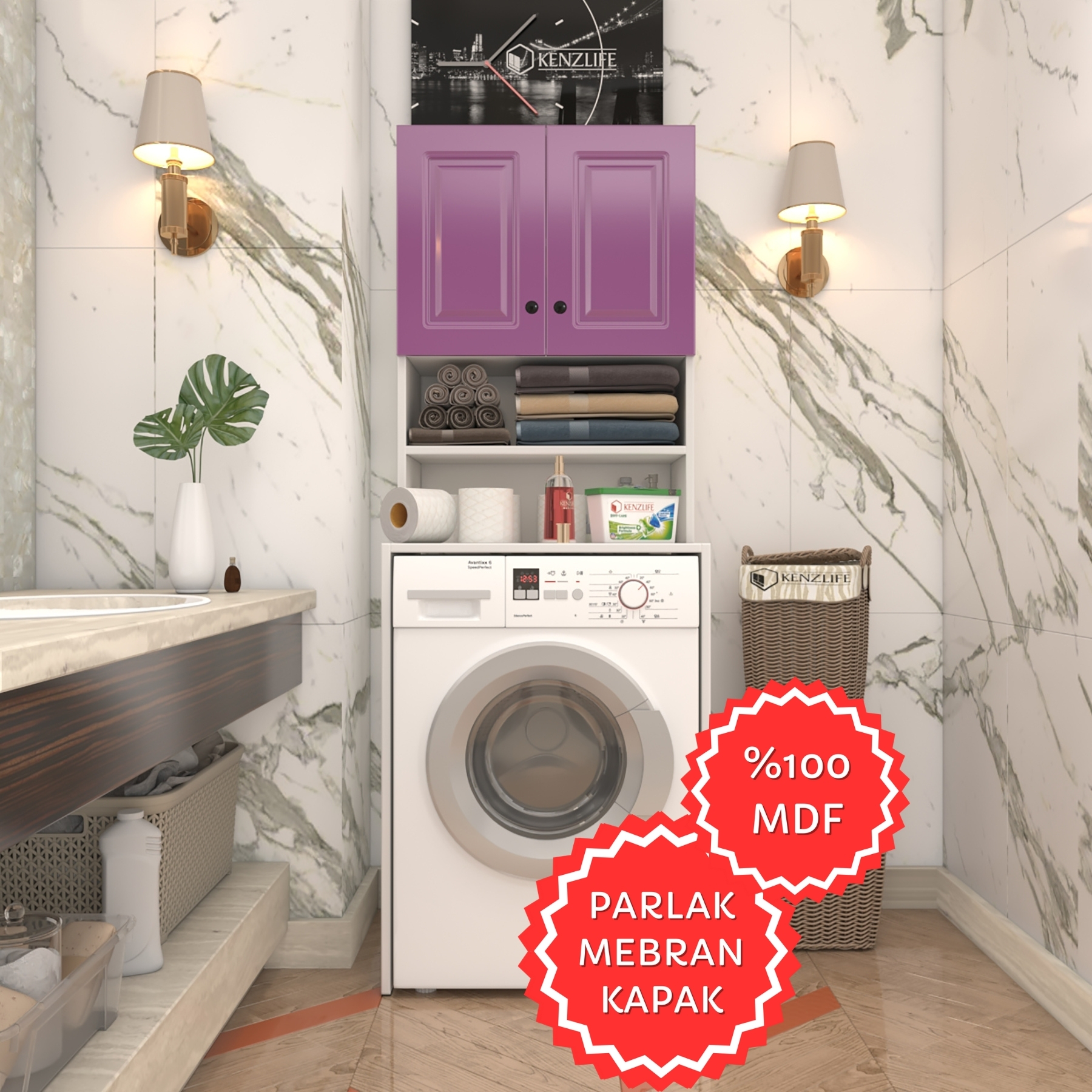 Kenzlife membran çamaşır makinesi dolabı hayzum llabyz çerçeve 180*66*55 mebran kapak MDF gövde