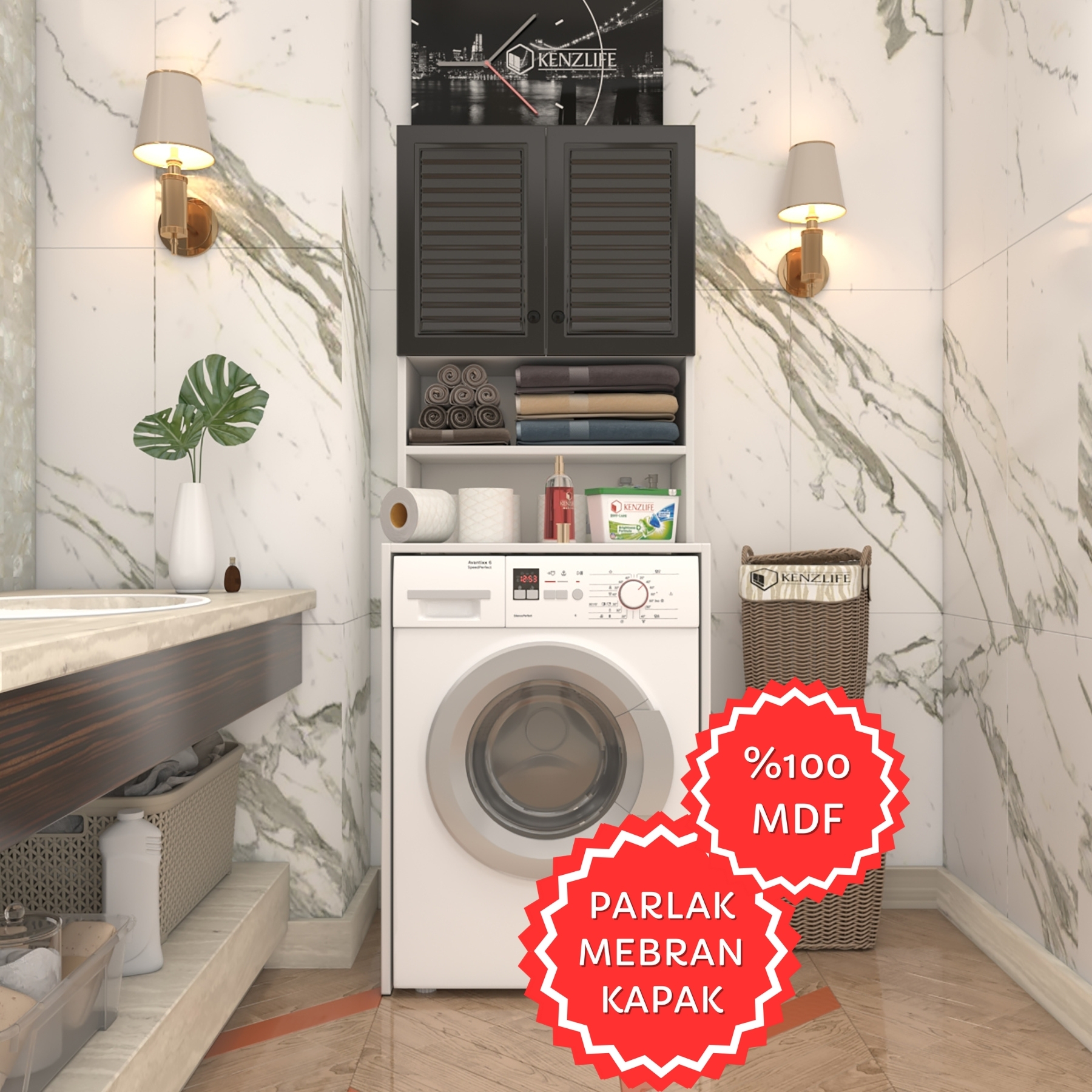 Kenzlife membran çamaşır makinesi dolabı hayzum syhbyz panjur 180*66*55 mebran kapak MDF gövde