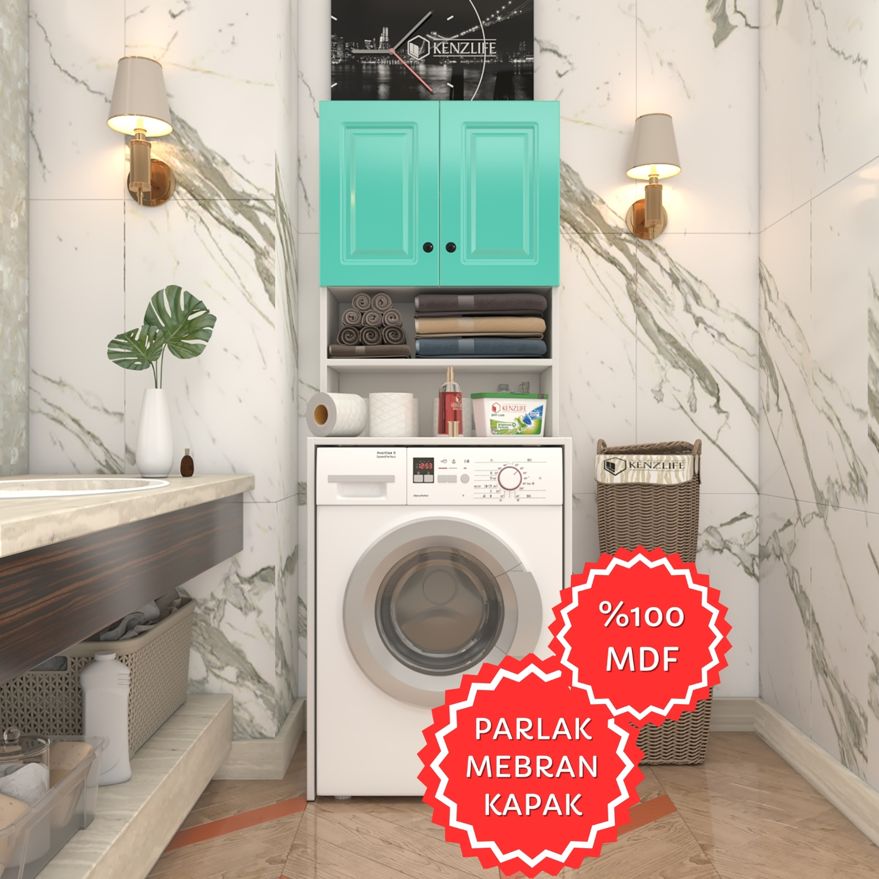 Kenzlife membran çamaşır makinesi dolabı hayzum trkbyz çerçeve 180*66*55 mebran kapak MDF gövde