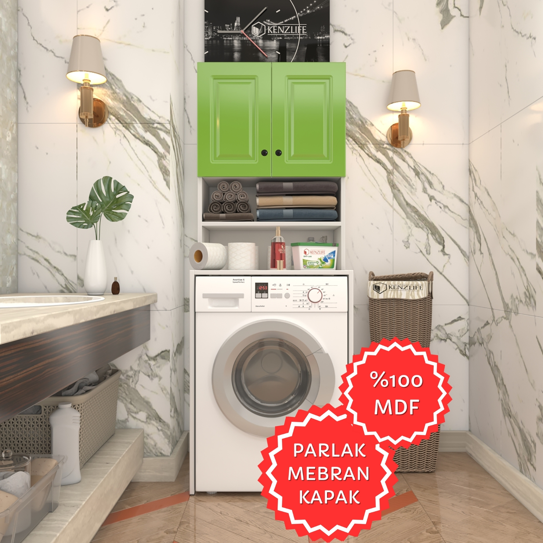 Kenzlife membran çamaşır makinesi dolabı hayzum yşlbyz çerçeve 180*66*55 mebran kapak MDF gövde